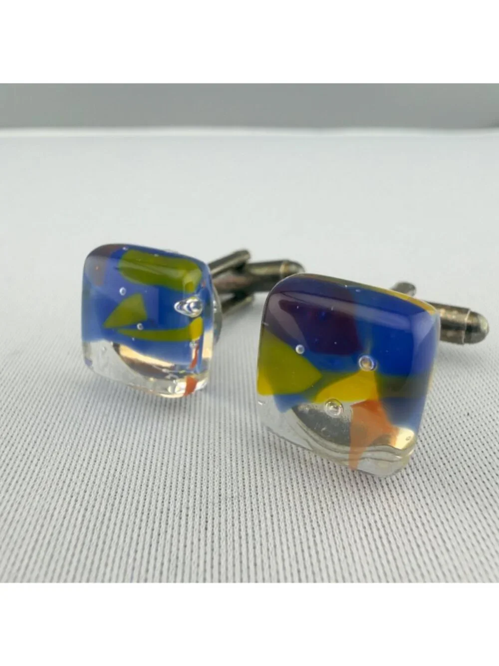 Handmade Multicolor Glass Cufflinks Vintage Abstract Design Square Shape